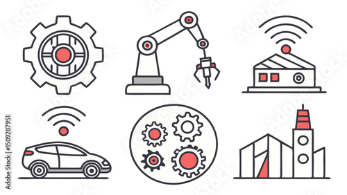 A collection of connected industry themed graphic elements featuring automation and communication icons
