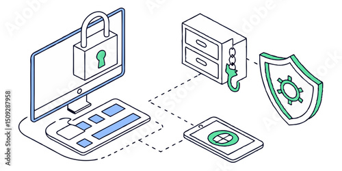 Isometric view of computer screen with padlock, phone, filing cabinet, and shield representing security