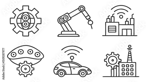 Six linear representations depicting robotic arms, cars, gears, and factory structures in outline
