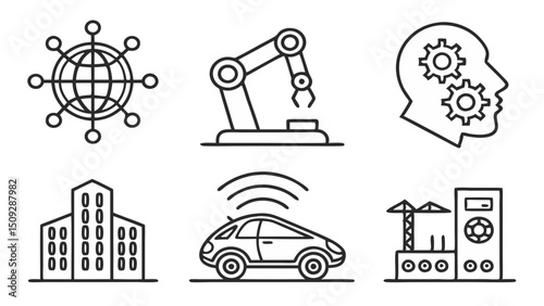 Outline icons depicting global network, robotic arm, head with gears, building, smart car, and factory