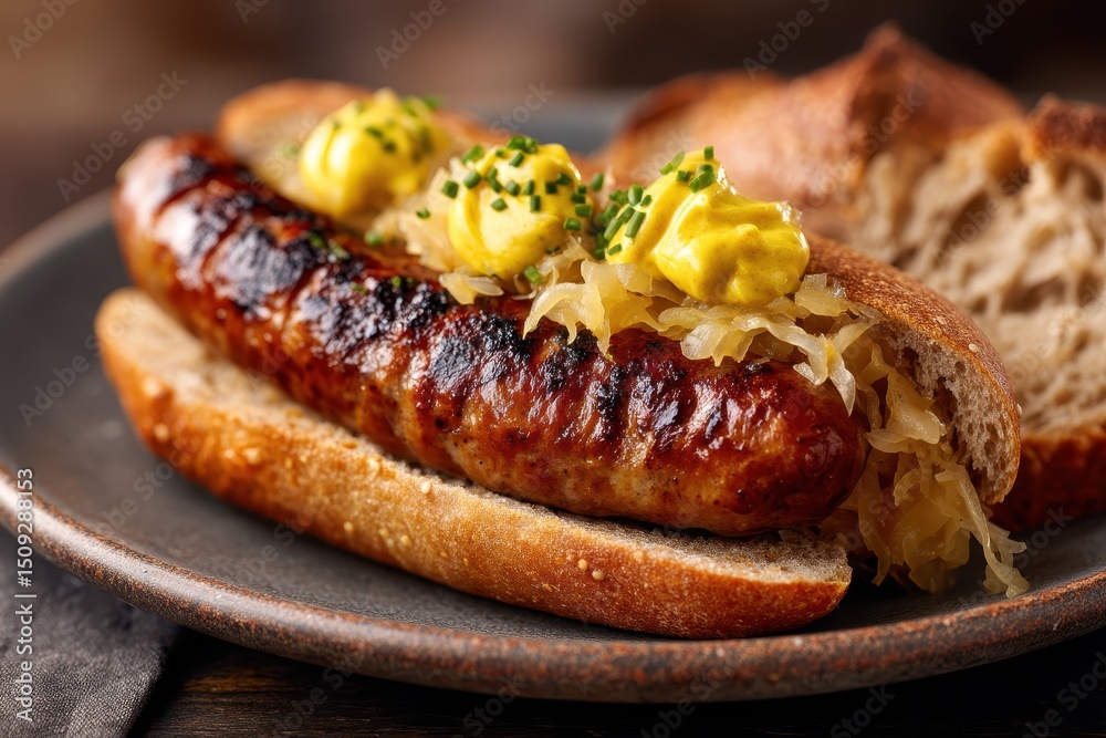 custom made wallpaper toronto digitalBratwurst Sauerkraut Brot Senf Deutsches Essen Grillwurst Hausmannskost Rustikal Traditionell Wurstgericht Fleischgericht Deftig Mittagessen Abendessen Oktoberfest Spezialität Bayrisch Heimatküche
