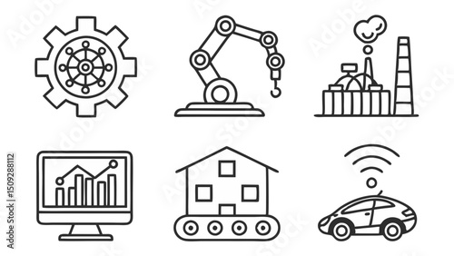 Six linear icons representing factory automation, data, and connected devices in a simple style