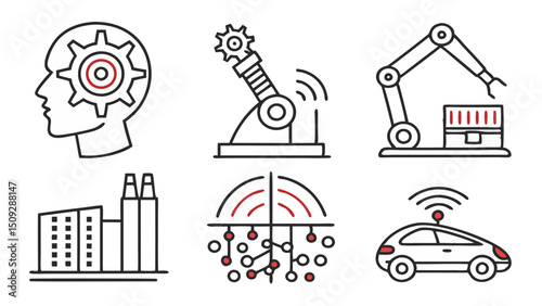 Depiction of automated processes including robotic arms, factory, and self driving car concept art
