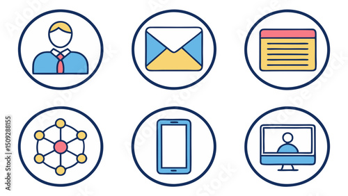 Collection of six communication icons including a person, envelope, notes, network, phone, and video call