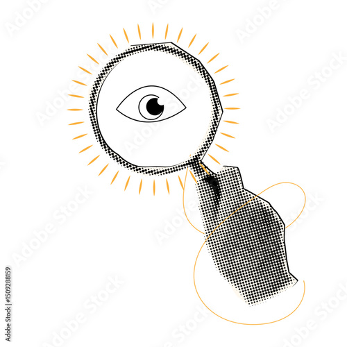 Halftone man's hand holding a magnifying glass with eye icon inside ,marketing analysis concept for collage