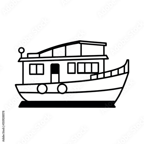 Houseboat Line Art Vector Nautical Drawing
