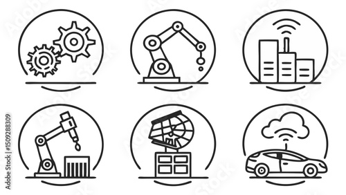 Collection of six distinct icons depicting industrial automation and technological advancements in ovals