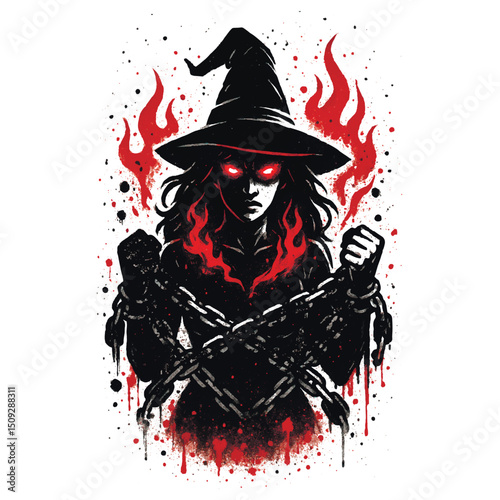 Dark witch with glowing eyes and fiery aura, bound in chains. Dramatic ink splatter style with red and black palette. Mysterious and intense fantasy vector artwork. Isolated design on white.
