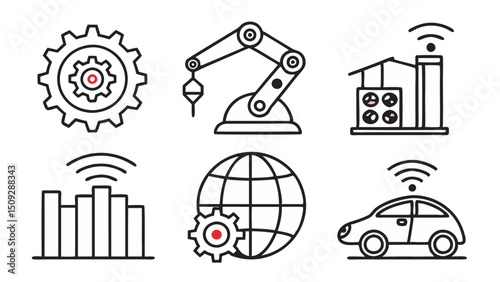 Depiction of industry symbols including a gear, robotic arm, factory, globe, car and data chart