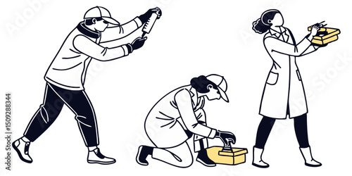 Three people in lab coats performing scientific tasks with equipment in a laboratory setting depicted
