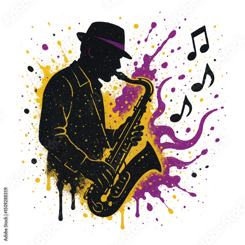 Jazz musician playing saxophone in silhouette style. Splash of purple and yellow paint adds rhythm and energy. Artistic expression of music and soul. Isolated vector design on white.