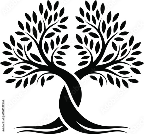 Twin Trees with Intertwined Trunks Silhouette Vector.