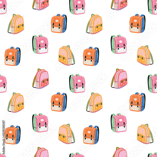 Seamless pattern with bright backpacks on a white background. Suitable for school theme, wallpaper, wrapping paper, vector flat style