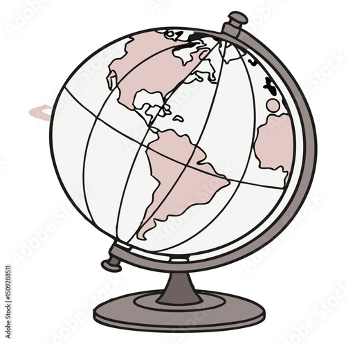 A globe on a stand showing continents and meridians for geographical study and exploration purposes