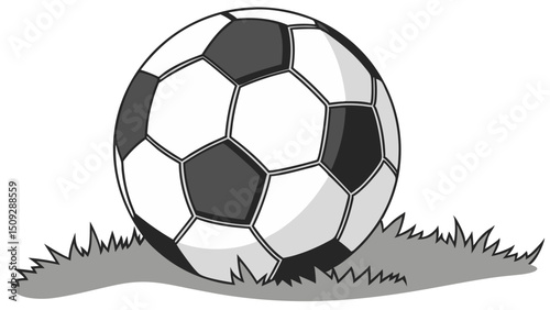 A soccer ball with black and white panels sitting on a patch of grass in a simple graphic style