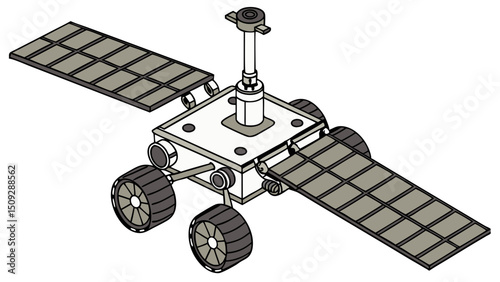 Isometric drawing of a rover with solar panels and antenna for space exploration and research mission