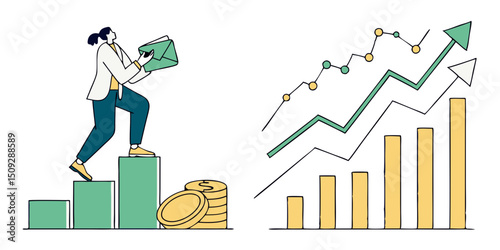 A woman climbs green bars while holding an envelope next to rising charts and stacked coins design