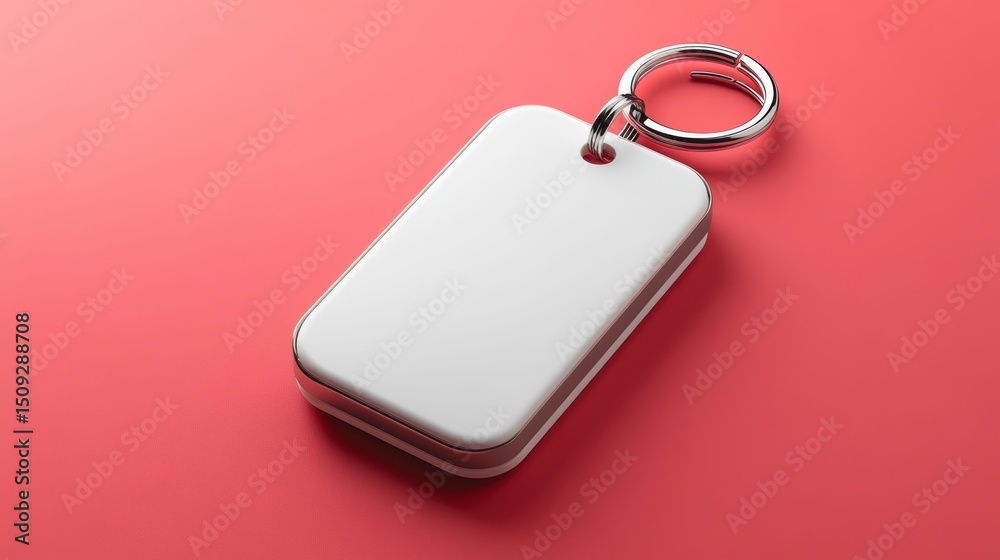Fototapeta premium White rectangular metal keychain mockup with silver ring on red background.