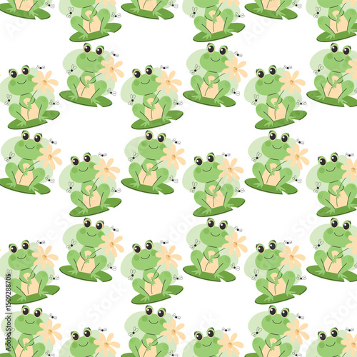 seamless pattern features green frogs happily lounging on lily pads, each holding a soft yellow flower
