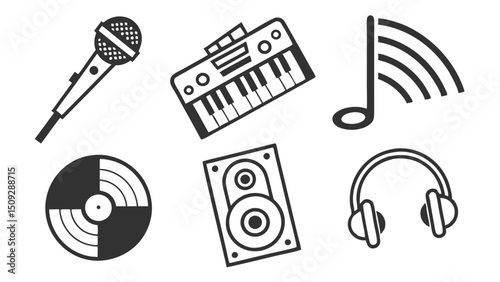 Collection of musical equipment including a microphone keyboard record speaker headphones and a note