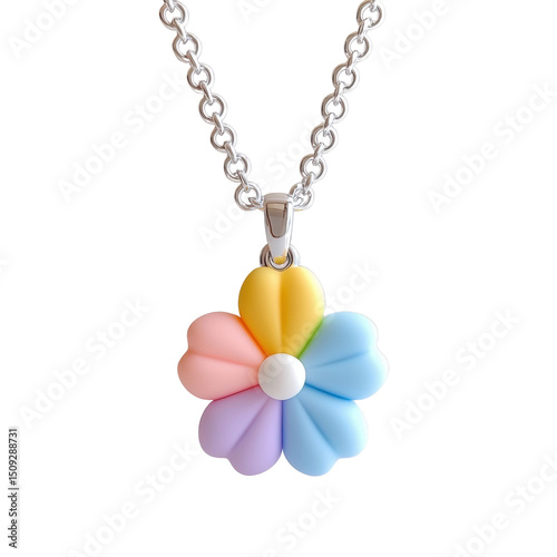 the photograph features a close up view of a pendant necklace set against a black backdrop. the necklace consists of a shiny, light colored chain holding a flower shaped pendant