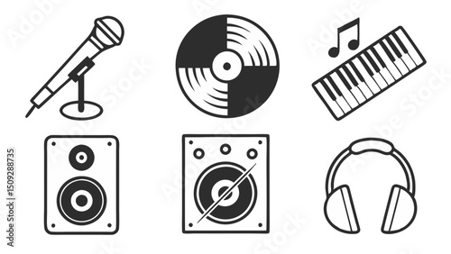Collection of musical equipment including a microphone record keyboard speakers and headphones in black and white