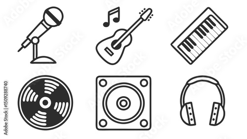 Collection of musical equipment including a microphone, guitar, keyboard, record, speaker, headphones