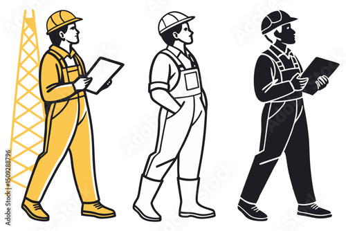 Three depictions of a worker in overalls and hard hat holding a clipboard walking to the right side