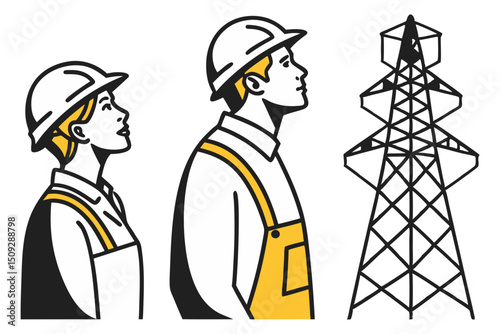 Two people in hard hats looking up at a power line tower with a white background and black outline