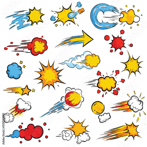 comic book style explosions, bright colors, hand-drawn, pop art, vector graphic, cartoon effects, dynamic motion, vibrant, bold, retro, exaggerated, dynamic, action-packed
