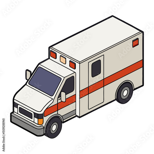 Isometric view of a white ambulance with red stripes and black outlines on a plain white background