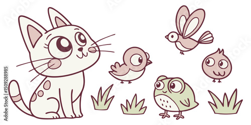 A cartoon cat surrounded by various small birds and patches of grass in a simple design style