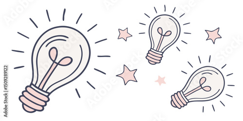 Three lightbulbs with glowing filaments and radiating light lines surrounded by several stars graphic