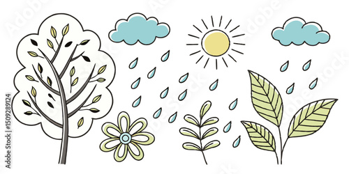 Doodle of a tree flower leaves clouds sun and raindrops creating a nature themed composition