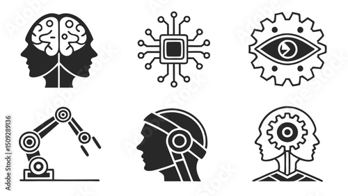 Collection of symbolic representations including brain profiles, circuits, gears, and robotic arms