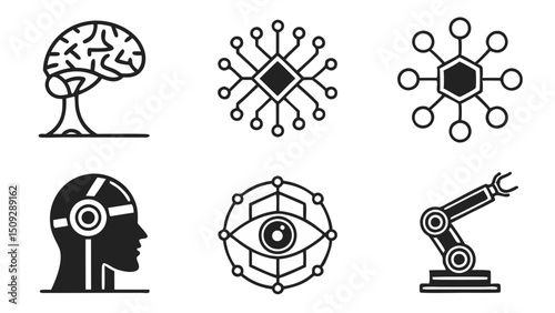 Collection of symbols depicting artificial intelligence and robotic technology concepts in black and white