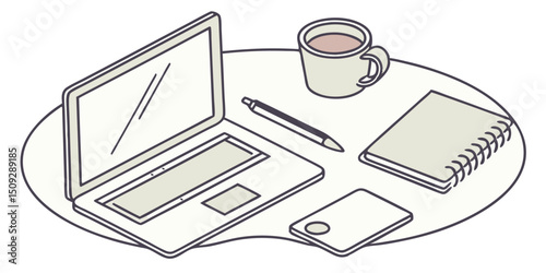 Isometric view of a laptop, mug, pen, notebook, and phone arranged on a small round table surface
