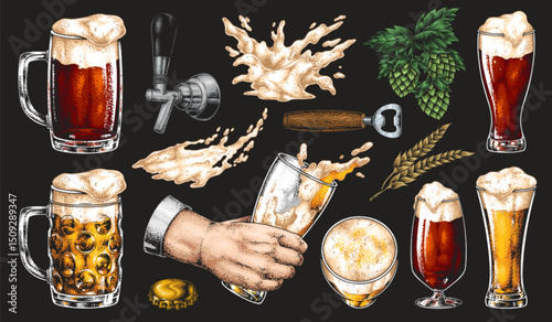 Craft beer elements on a dark background display