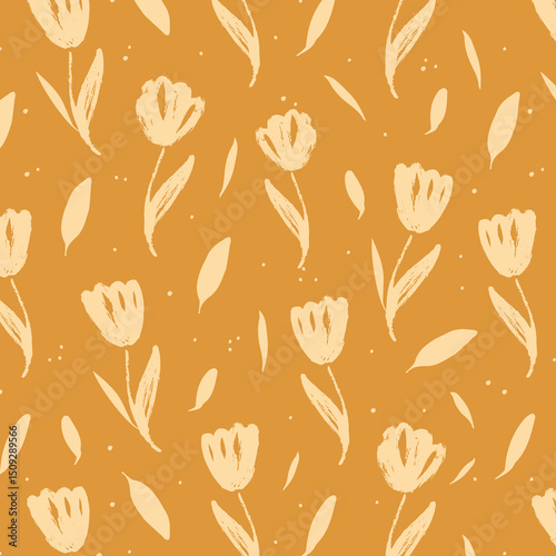 Seamless pattern of abstract tulip flowers in modern style. Floral hand draw print on pastel background. Bright color Vector illustration