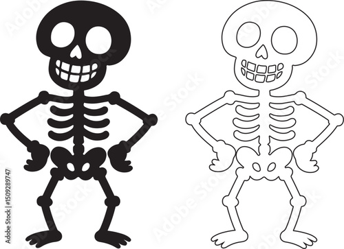 black and white skeleton dancing characters standing with hands on hips silhouette line art