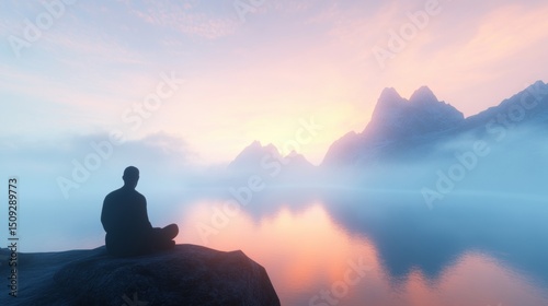 Fototapeta Naklejka Na Ścianę i Meble -  Person meditating by the serene lake during sunrise over misty mountains