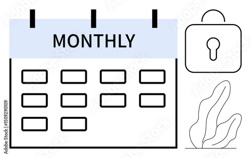 Calendar labeled monthly features grid layout beside a lock symbol suggesting security, and minimalist plant illustration. Ideal for scheduling, subscription, privacy, data, security themes, simple