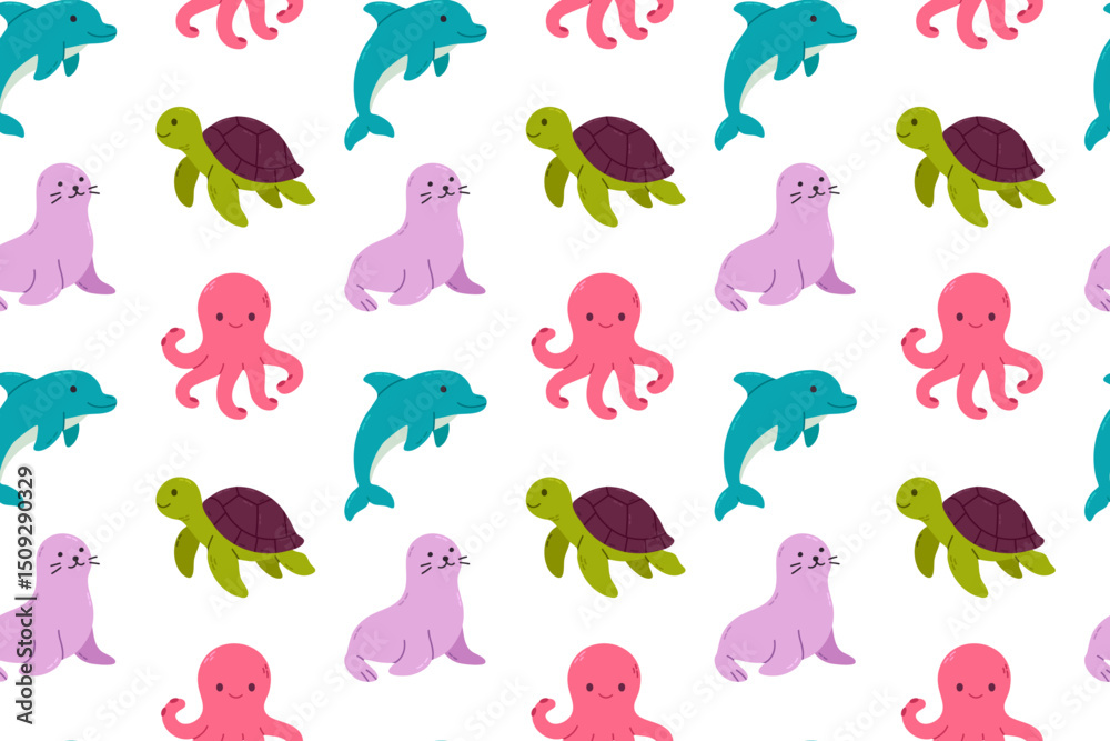 Obraz premium Seamless marine pattern with dolphins, seals, turtles, and octopuses on white background, ideal for kids' and educational designs