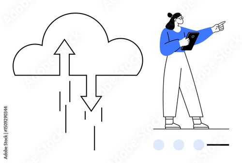 Cloud with arrows indicating data sync beside a woman holding a tablet and pointing. Ideal for cloud computing, data management, tech innovations, business strategy, teamwork visuals, startup