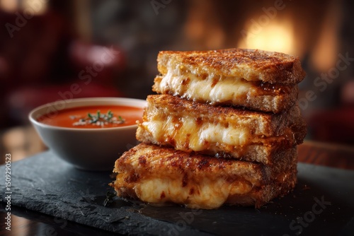Grilled Cheese Sandwich Tomatensuppe Comfort Food Käsesandwich Warm Toast Klassisch Amerikanisch Käsegeschmolzen Hausgemacht Mittagessen Snack Soulfood Wintergericht Rustikal Lecker Herzhaft