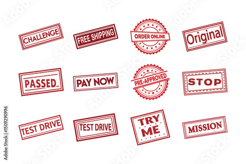 Collection of Red Distressed Stamp Designs on White Background, Various Business Concepts.