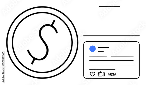 Dollar symbol in a circle linked to a social media post with thumbs ups and comments counter. Ideal for monetization, engagement, analytics, influence, marketing, branding, simple landing page