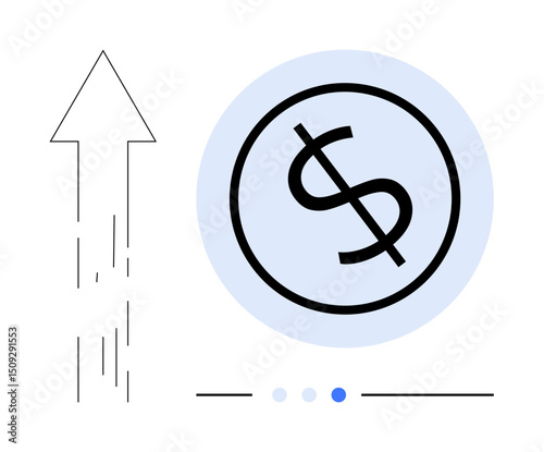 Stylized dollar sign inside a circle with an upward arrow, representing growth and finance progression. Ideal for business, investment, savings, growth analysis, financial success, presentation
