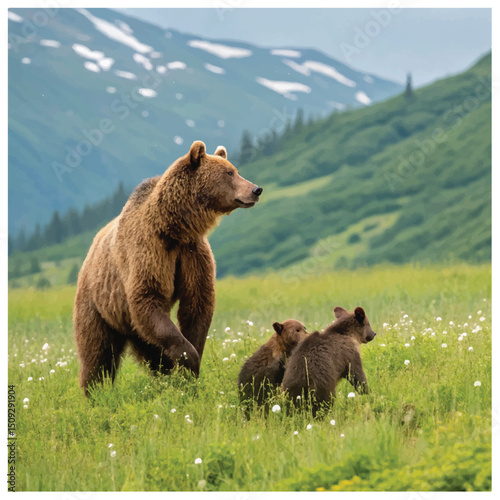 Brown bear, Ursus arctos, mother with two cubs on green meadow with copy space. Wide panoramic banner of wild mammal with her lovely offspring. Animal wildlife in summer ..