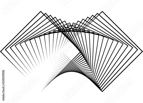 Vector dynamic pattern of broken flowing shapes. Abstract design element of thin black lines on white. Vector background for covers, packaging, ads, posters, banners. Illusion composition